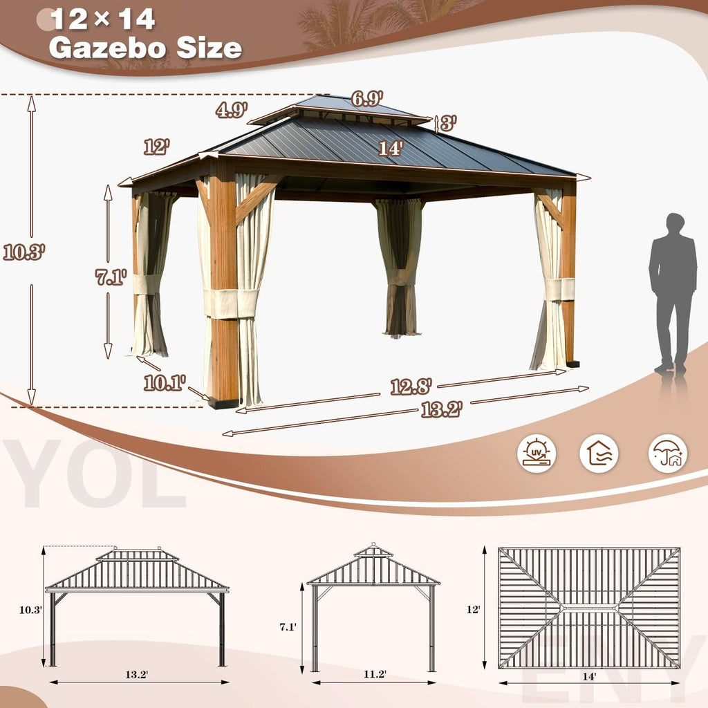 YOLENY 12' x 14' Hardtop Gazebo Ultra-Thick Columns and Beams with Wood Grain Aluminum Frame, Dual Material Double Roof, Outdoor Gazebo with Netting and Curtains for Deck, Backyard and Patio