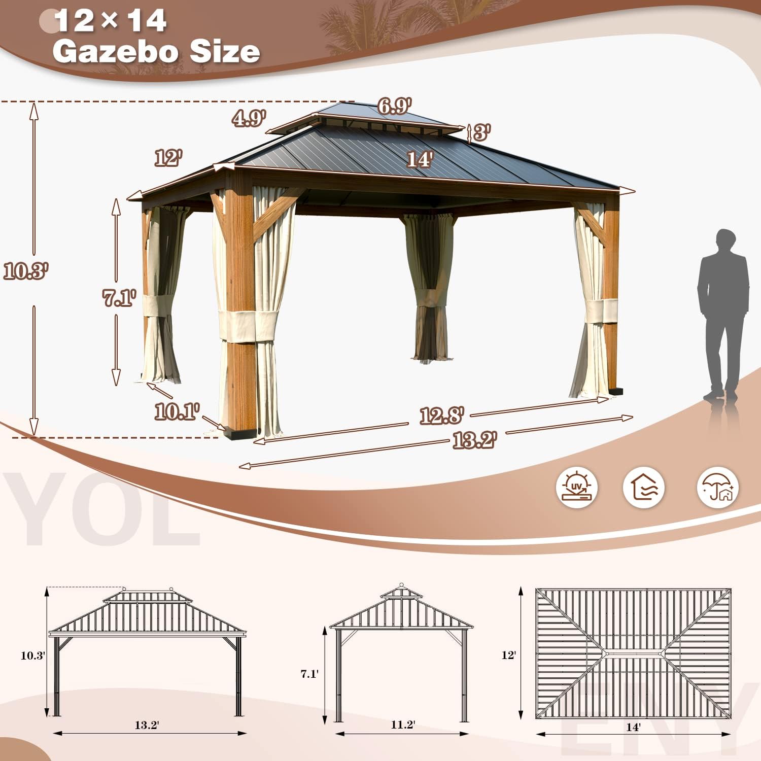 YOLENY 12' x 14' Hardtop Gazebo Ultra-Thick Columns and Beams with Wood Grain Aluminum Frame, Dual Material Double Roof, Outdoor Gazebo with Netting and Curtains for Deck, Backyard and Patio