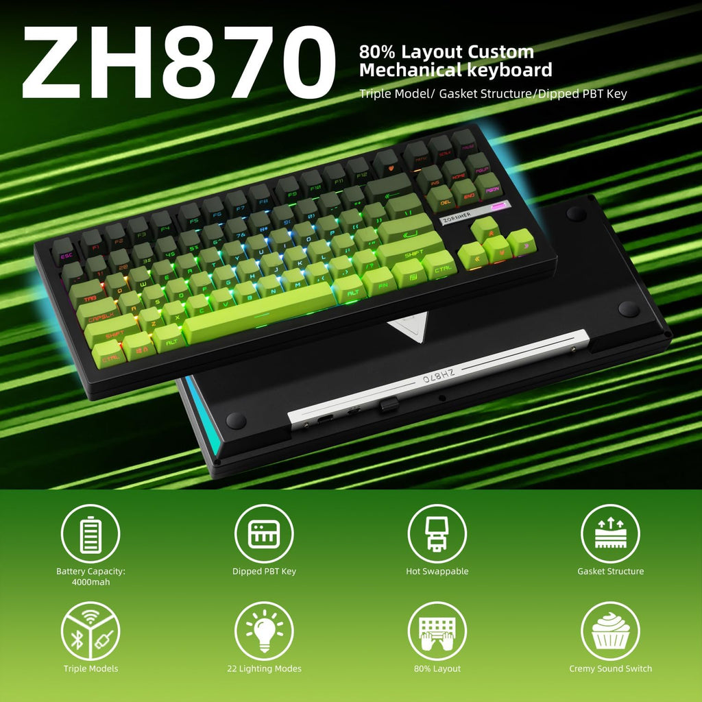 ZORNHER ZH870 Wireless Mechanical Gaming Keyboard,80% Green Custom Creamy Sound Keyboard with Shine Through PBT Keycaps,Pre-lubed Linear Switches,Hot-Swappable,RGB Backlit,2.4GHz/USB-C/BT5.0