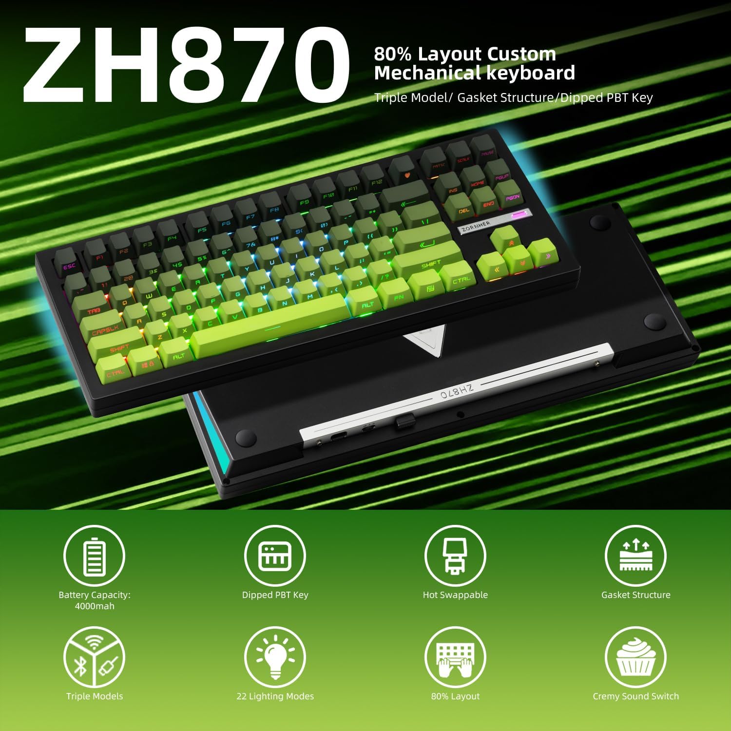 ZORNHER ZH870 Wireless Mechanical Gaming Keyboard,80% Green Custom Creamy Sound Keyboard with Shine Through PBT Keycaps,Pre-lubed Linear Switches,Hot-Swappable,RGB Backlit,2.4GHz/USB-C/BT5.0