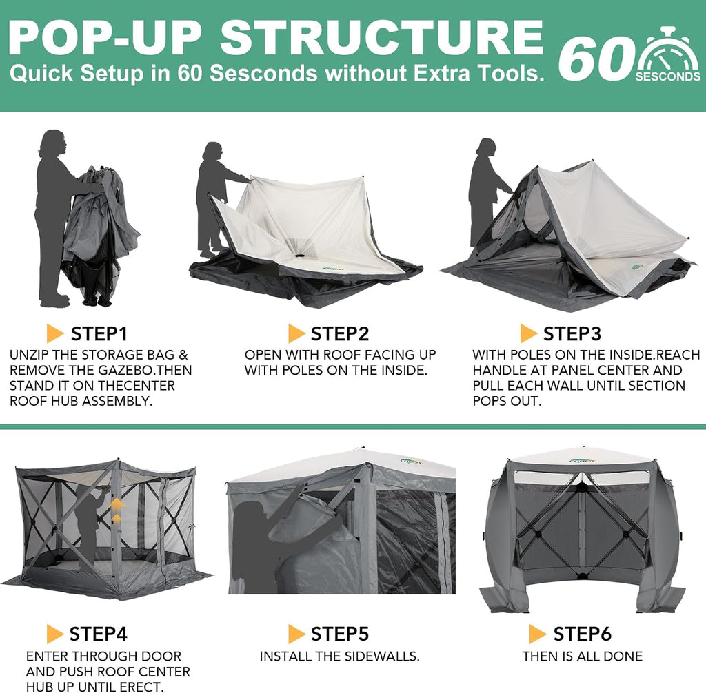 COBIZI 10x10 FT Pop up Gazebo, Popup Canopy Tent, Screened in Gazebos with sidewalls, Waterproof Portable Outdoor Small Screen Tents Sun Shelter,carpas para Patio for Camping, Garden,Backyard,Grey