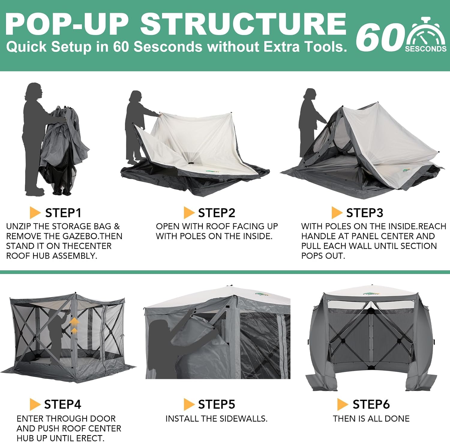 COBIZI 10x10 FT Pop up Gazebo, Popup Canopy Tent, Screened in Gazebos with sidewalls, Waterproof Portable Outdoor Small Screen Tents Sun Shelter,carpas para Patio for Camping, Garden,Backyard,Grey