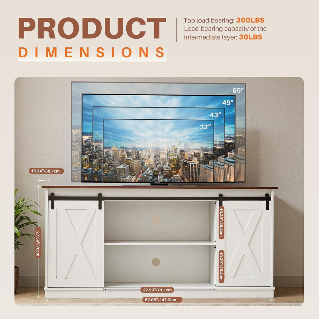 Sweetcrispy Farmhouse TV Stand 65 Inch for Living Room Bedroom White, Tall Entertainment Center with Storage Shelves, Media Console Cabinet with Wood Board, 300 LBS Capacity, and Sliding Barn Door