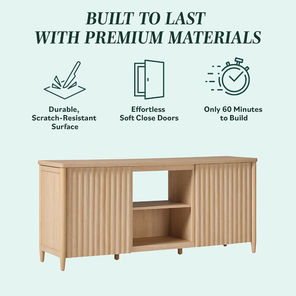 Walker Edison Scandinavian Reeded TV Stand with Storage for up to 70' TV Coastal Oak