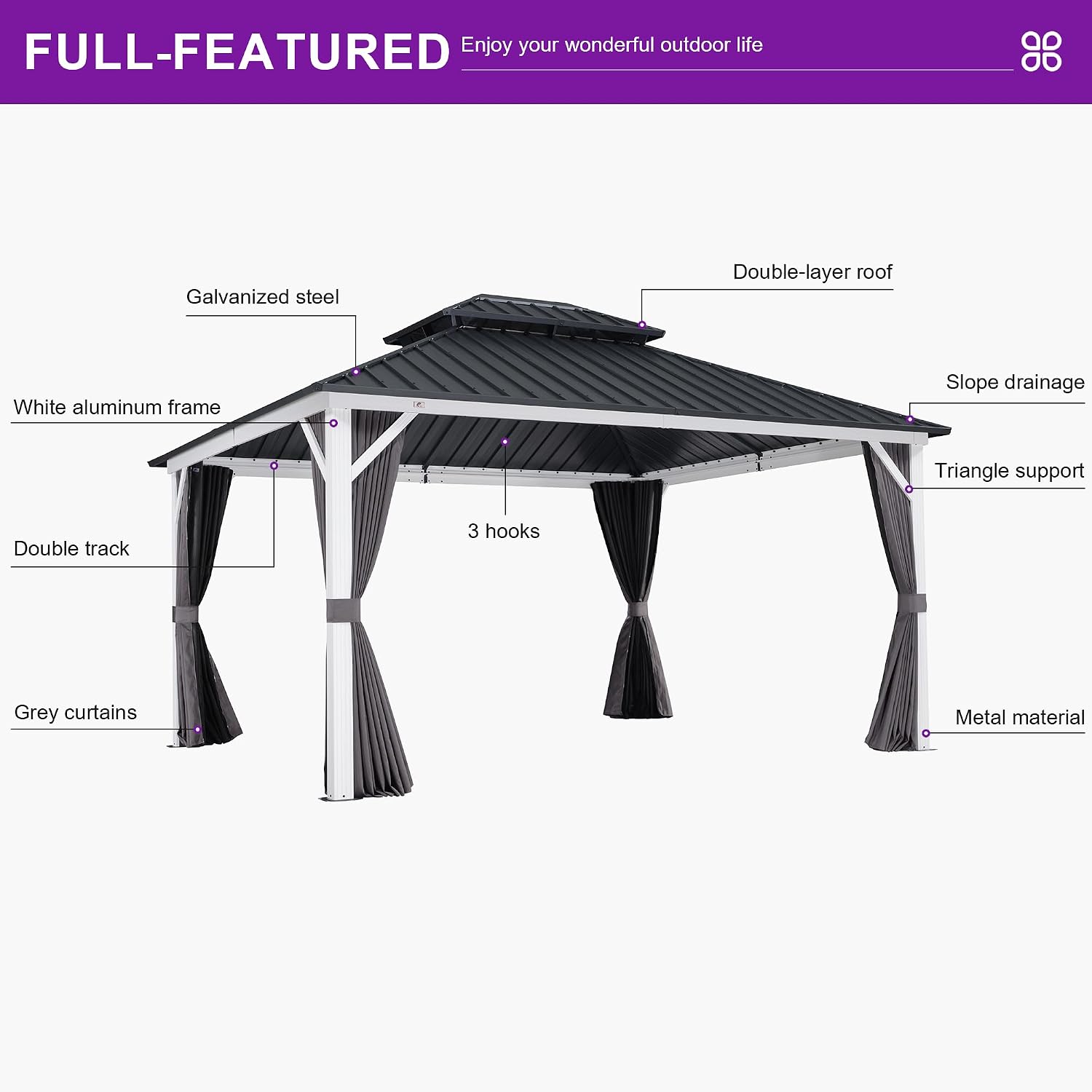 PURPLE LEAF 12' X 14' Outdoor Gazebo Galvanized Steel Double Roof White Aluminum Frame Hardtop Heavy Duty Gazebo with Curtain and Netting for Patio Garden and Backyard, Grey