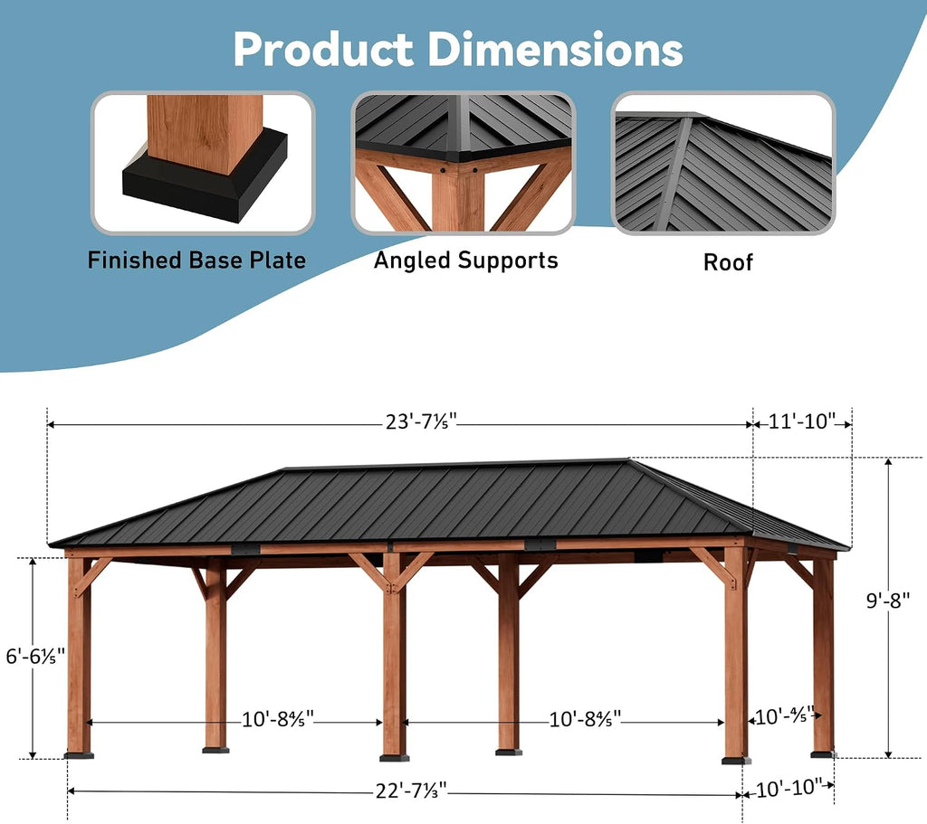 Big Leaf 12'x24' Wood Gazebo with Galvanized Steel Roof - Hardtop Gazebo with Cedar Frame Permanent Hardtop Pavilion with Mosquito Netting & Curtains for Garden, Backyard and Patio