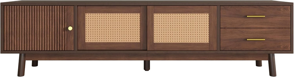 Merax 70' TV Stand with Storage for 65-75 inch TV, Fluted Wood Entertainment Center with Sliding Rattan Doors and Drawers for Living Room, Mid Century Modern Media Console