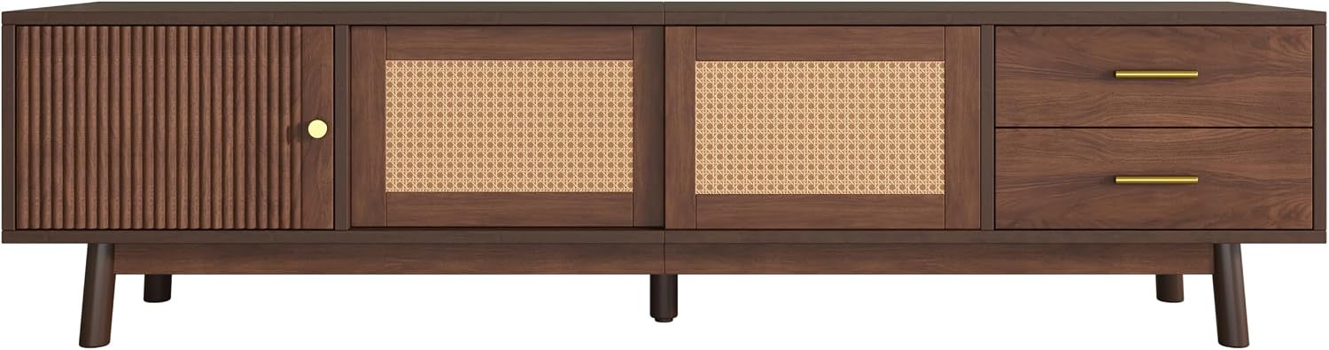 Merax 70' TV Stand with Storage for 65-75 inch TV, Fluted Wood Entertainment Center with Sliding Rattan Doors and Drawers for Living Room, Mid Century Modern Media Console