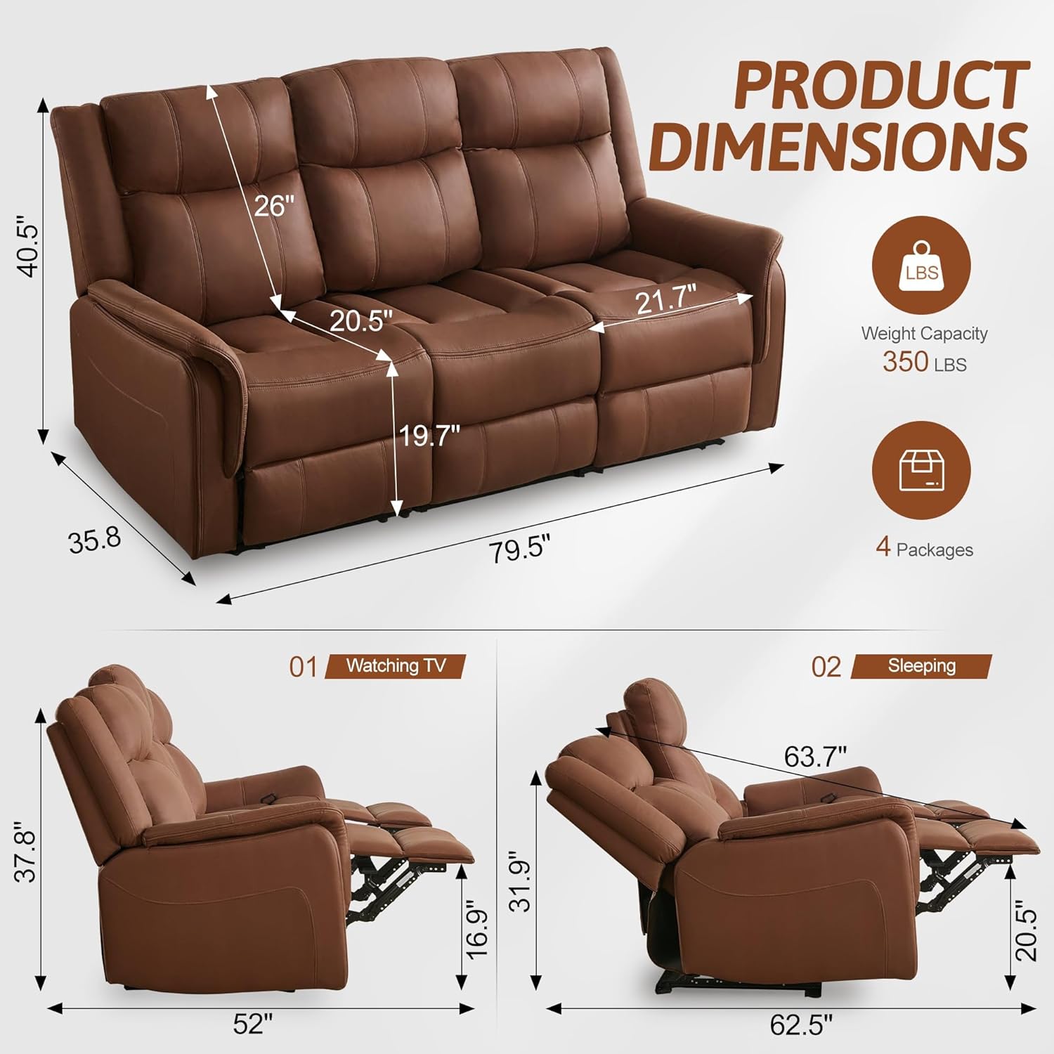 Korser Loveseat Recliner Sofa, Flip Middle Backrest Design 3 Seat Reclining Sofa with Storage Drawer, Performance Fabric Reclining Couch with Storage, USB Port, Manual Couch for Living Room, RVs