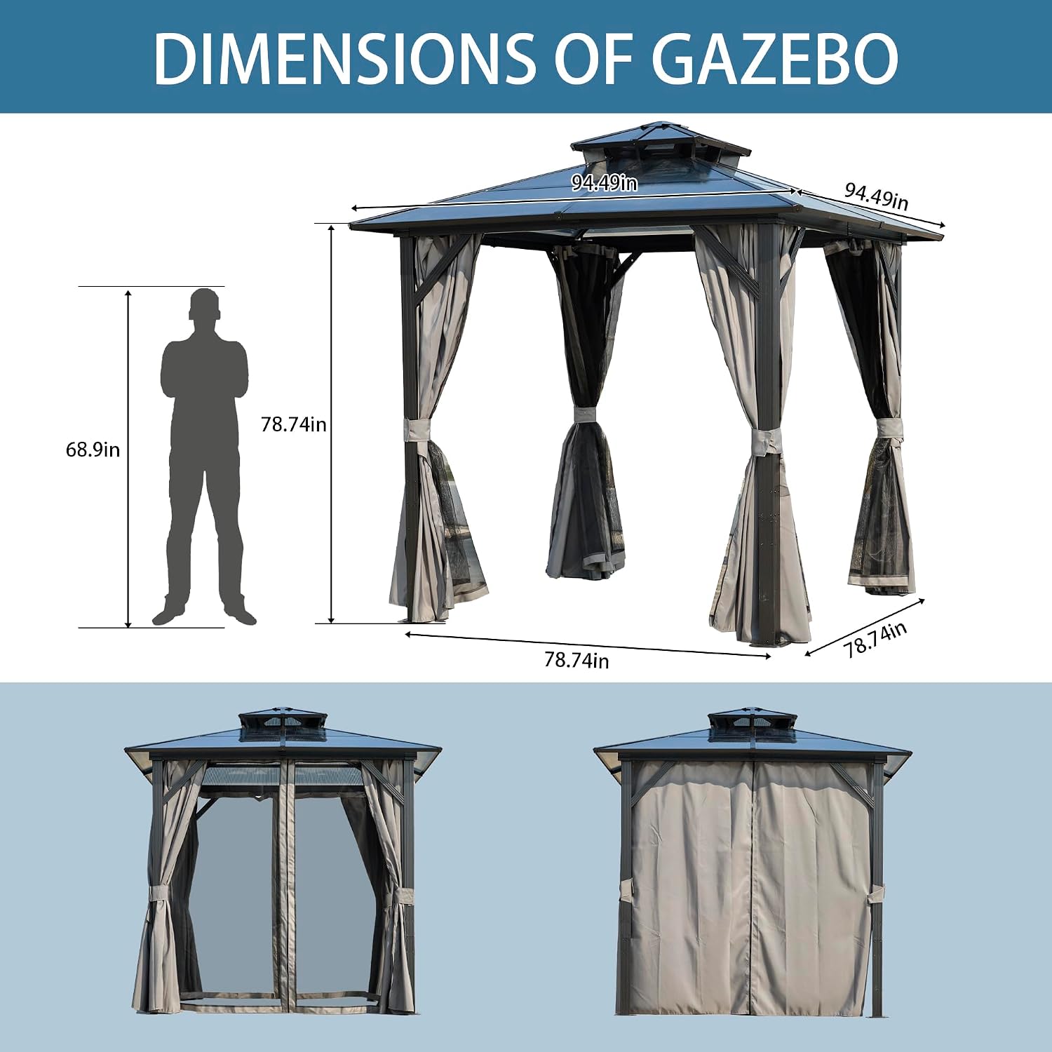 8x8ft Outdoor Grill Gazebo, Patio Gazebo for Grill with UV-Resistant Polycarbonate Roof & Storage Hooks for Backyard, Lawn, Garden, Grey