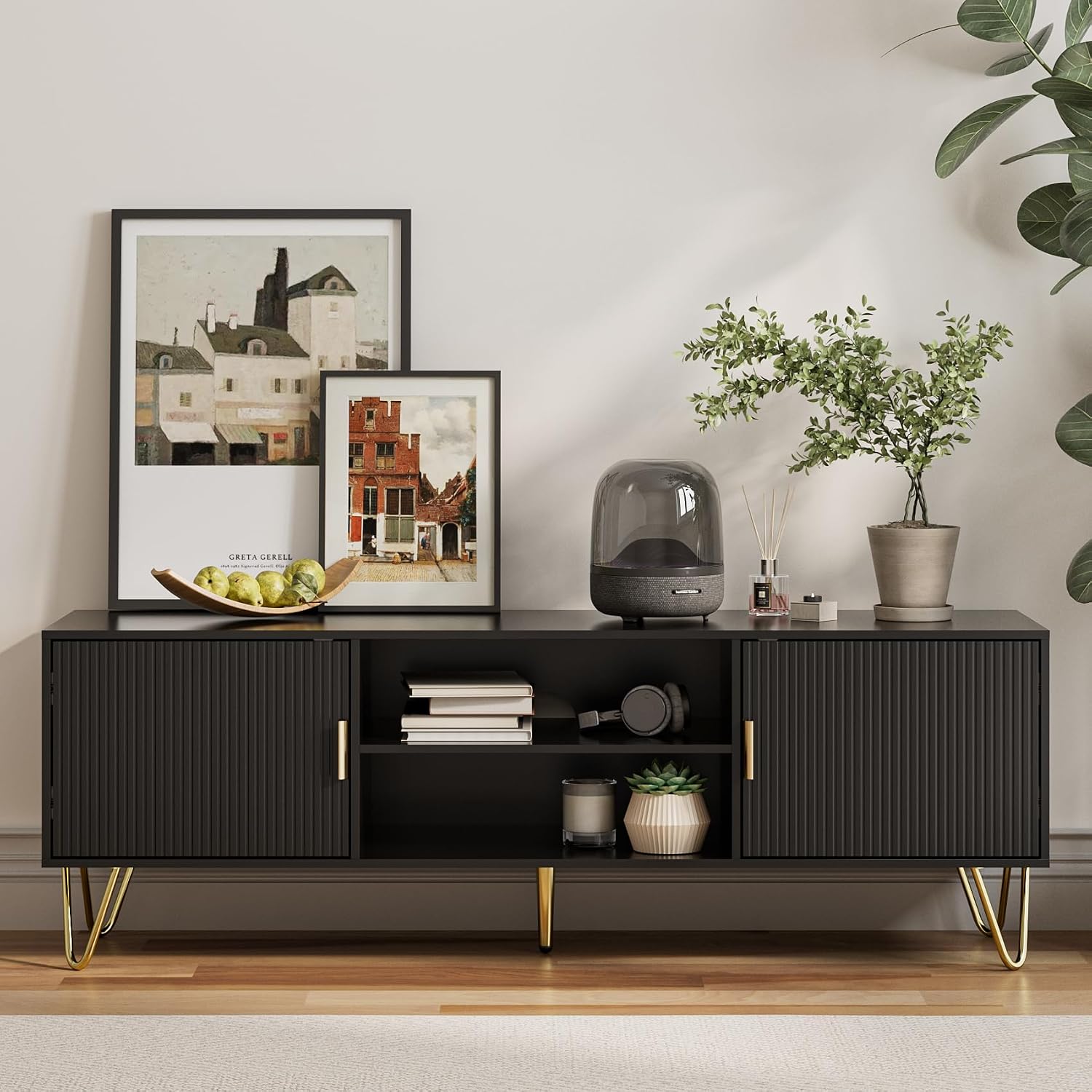 TV Stand for 55-65 inch TV, Entertainment Center with Soft Hinge Door,TV Console Table with 2 Cabinets with Gold Handle and Feet,for Living Room, Bedroom, Black