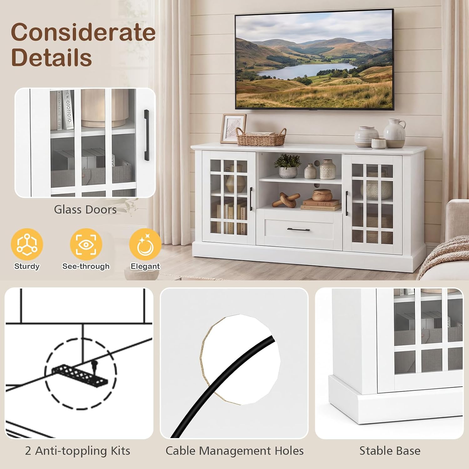 Tangkula Farmhouse TV Stand for TV up to 65 70 Inches, Tall Media Console Table with 2 Glass Storage Cabinets, 1 Drawer & 2 Open Shelves, Wooden Entertainment Center for Living Room (White)