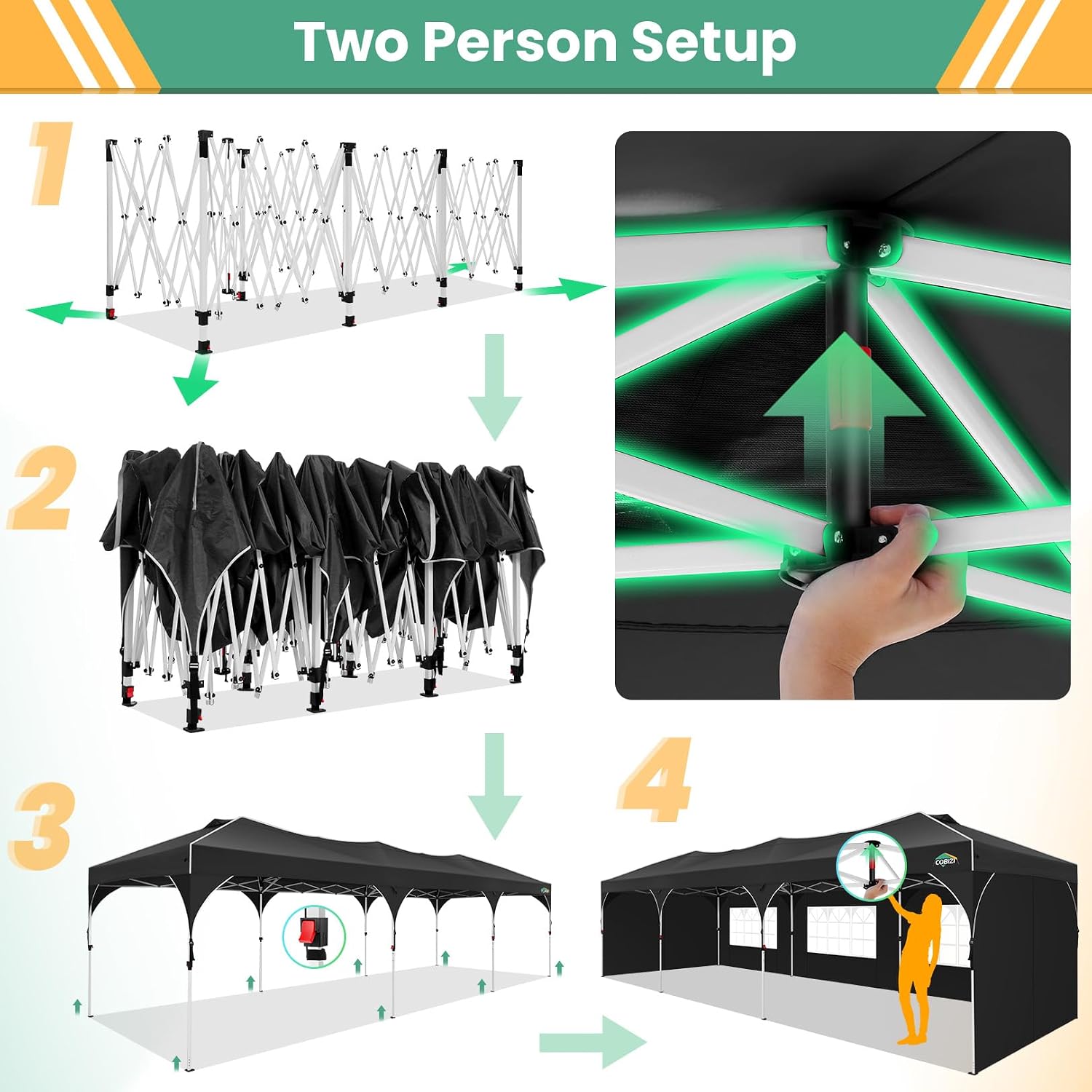 COBIZI 10x30 Pop Up Canopy Tent, Outdoor Party Tent with 5 Sidewalls, 1 Person Easy Set up, Tents for Parties with Fluorescent Strip & 4 Sandbags, Waterproof UPF50+, 3 Adjustable Height, Black