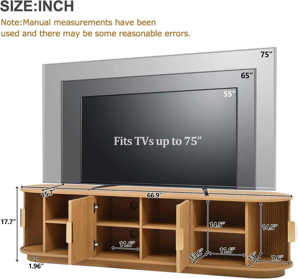Merax Fluted Wooden TV Stand for TVs up to 75', Farmhouse Media Console with Sliding Door and Golden Handles, Curved Television Cabinet with Adjustable Storage Shelves for Living Room, Natural