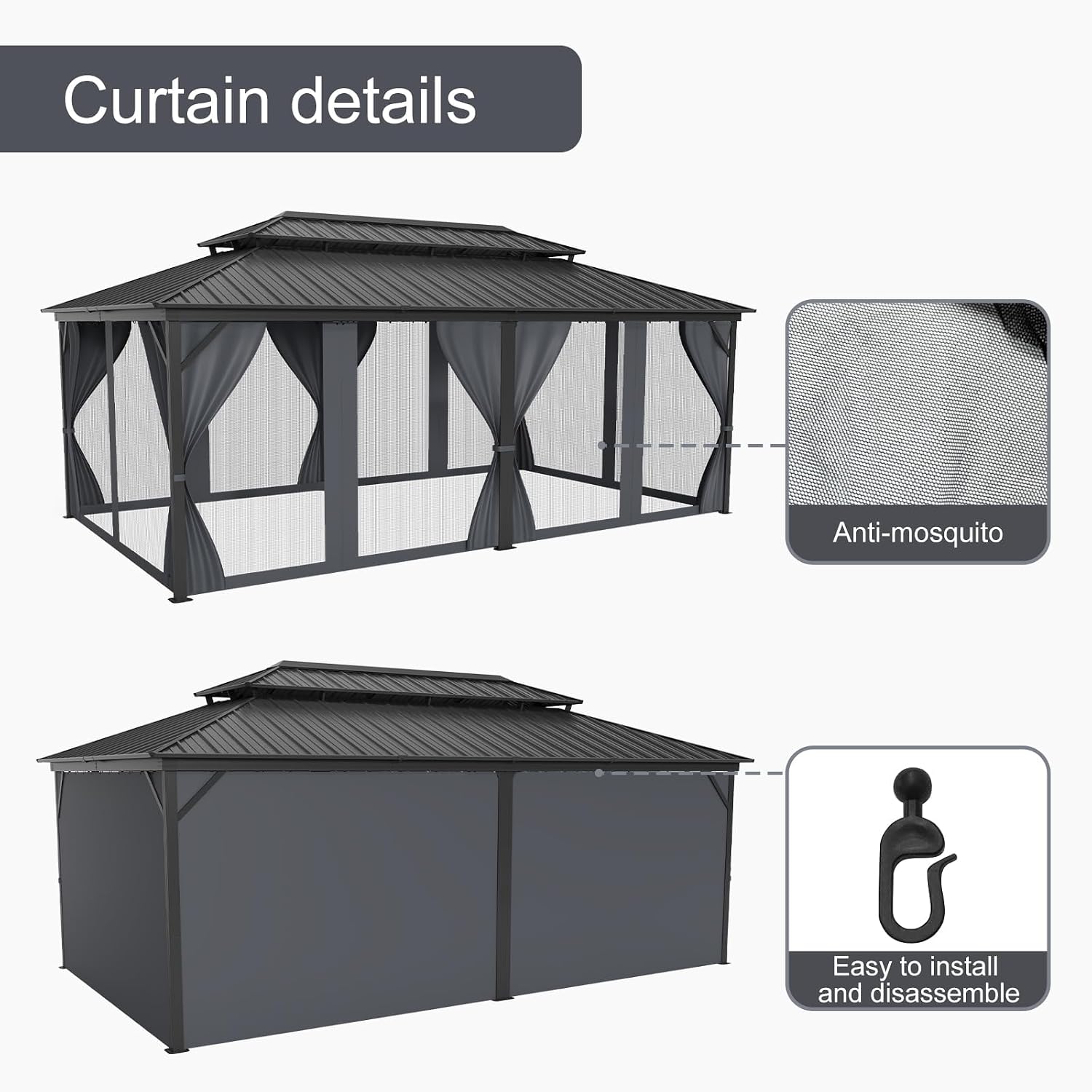 12'x20' Hardtop Gazebo - Heavy Duty Galvanized Steel Frame with Double Roof, Includes Netting & Curtains for Patio/Backyard (Gray)