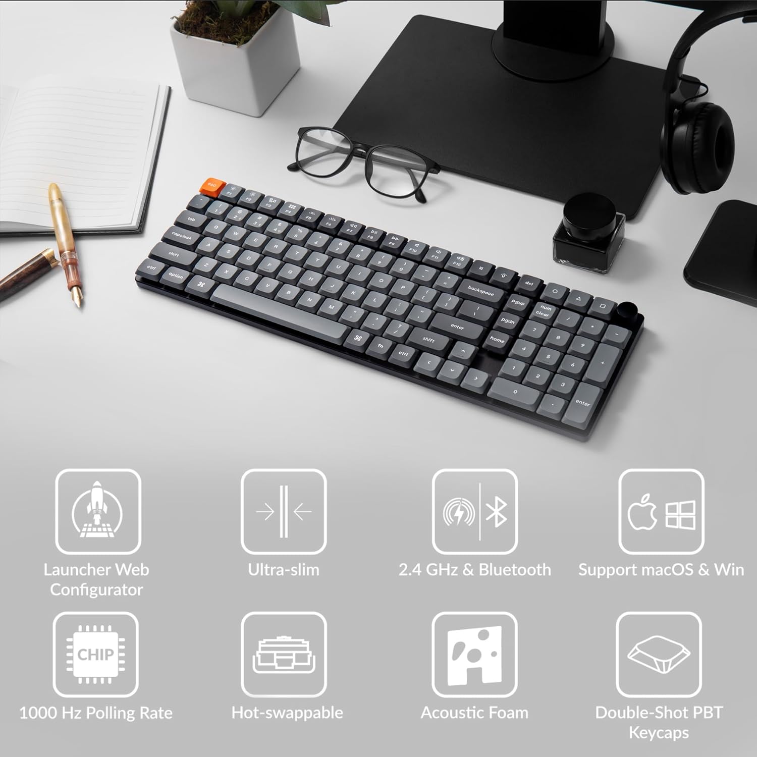 Keychron K17 Max 96% Layout QMK/Launcher Ultra-Slim Wireless/Type-C Wired Mechanical Keyboard with RGB Backlit Hot-Swappable, Low-Profile Gateron Mechanical Red Switch Compatible with Mac Windows