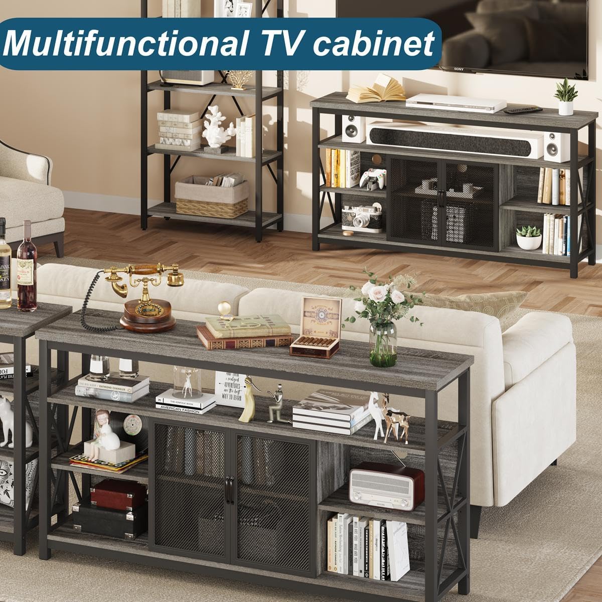 BON AUGURE Tall TV Stand for TVs up to 65 Inch, Industrial Entertainment Center with Storage Cabinet, Rustic Wood Media Console Table for Living Room and Bedroom (32 Inch High, Grey Oak)