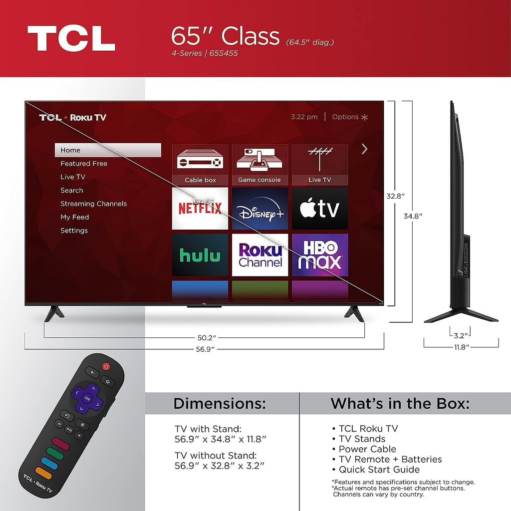 TCL 65' Class 4-Series 4K UHD HDR Smart Roku TV – 65S455