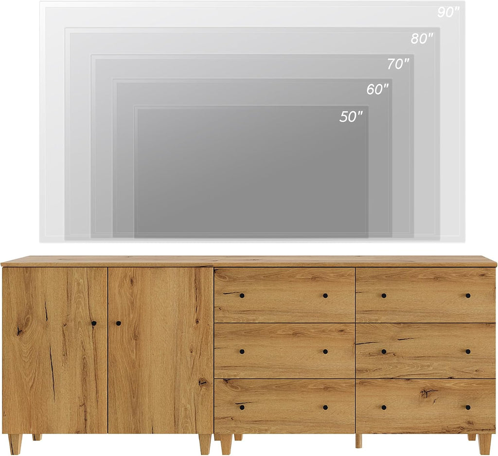 WAMPAT TV Stand Cabinets for 85+ Inches TVs, 2-in-1 Wood Media Console Table with 2 Doors and 6 Drawers, Modern Highboy Entertainment Center with Storage for Living Room Bedroom, Oak Brown