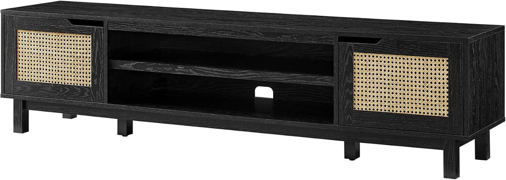 Walker Edison Destin Modern Minimal Rattan-Door TV Stand for TVs up to 80 Inches, 70 Inch, Black