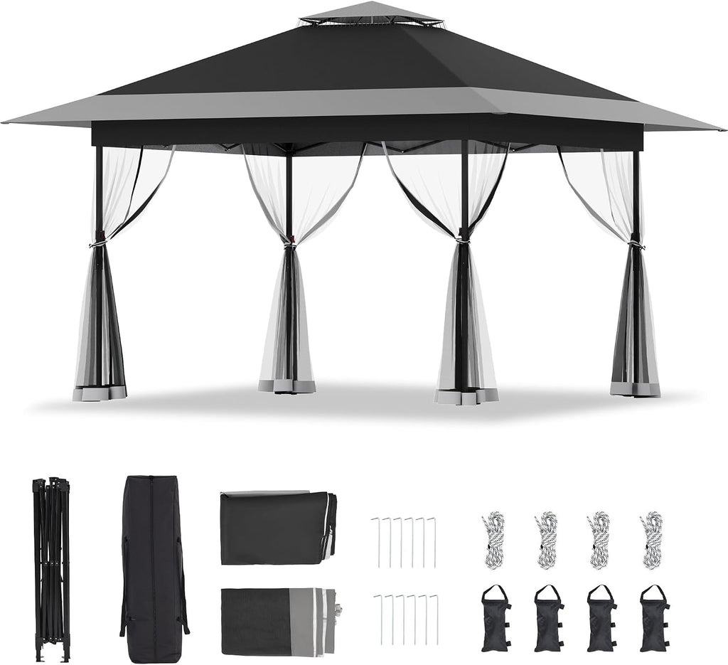 Bezseller 13x13 Pop Up Gazebo with Mosquito Netting – Easy 1-Person Setup, Water-Resistant Backyard Canopy for Family Patio & Garden Use, Black