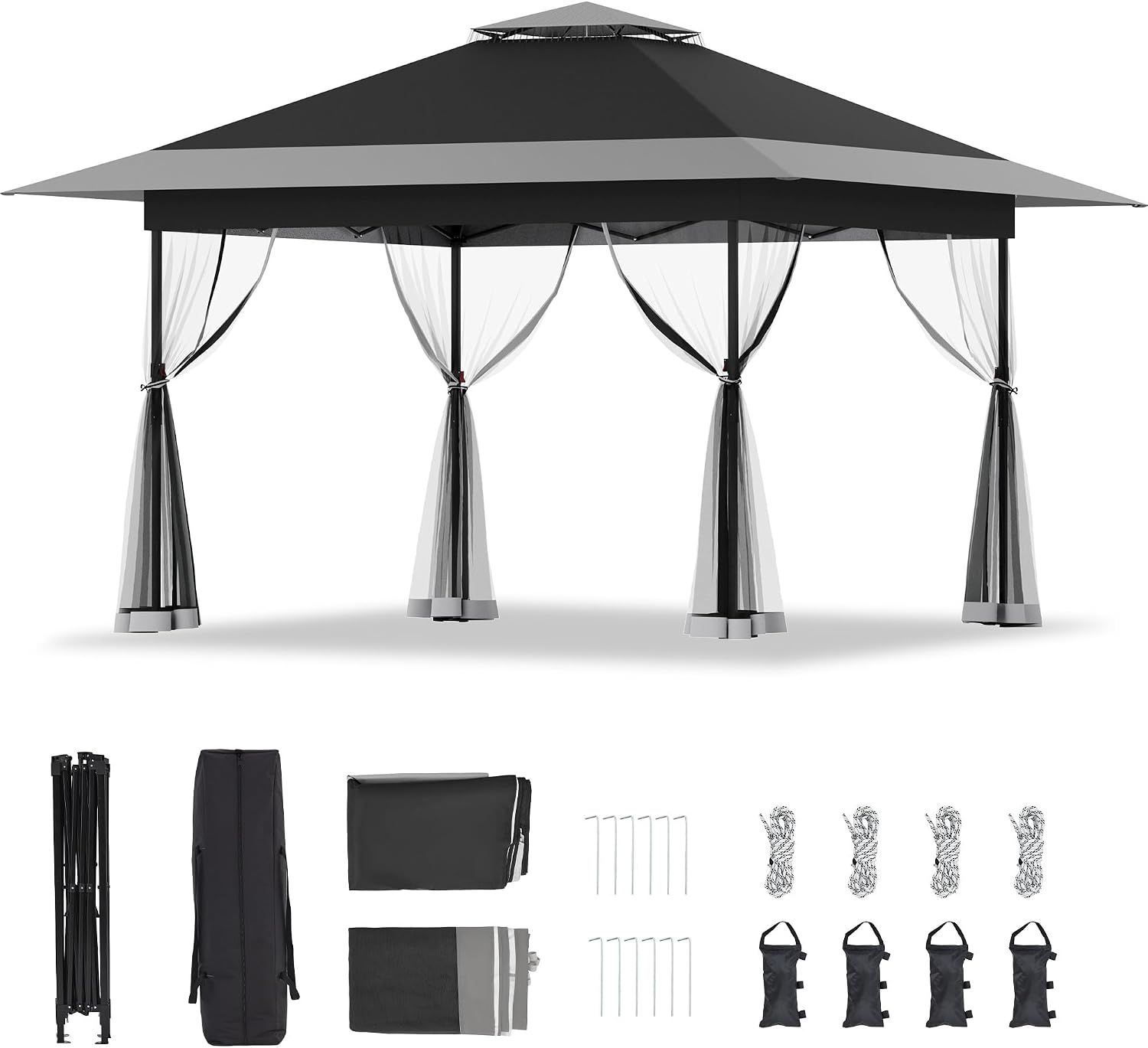 Bezseller 13x13 Pop Up Gazebo with Mosquito Netting – Easy 1-Person Setup, Water-Resistant Backyard Canopy for Family Patio & Garden Use, Black