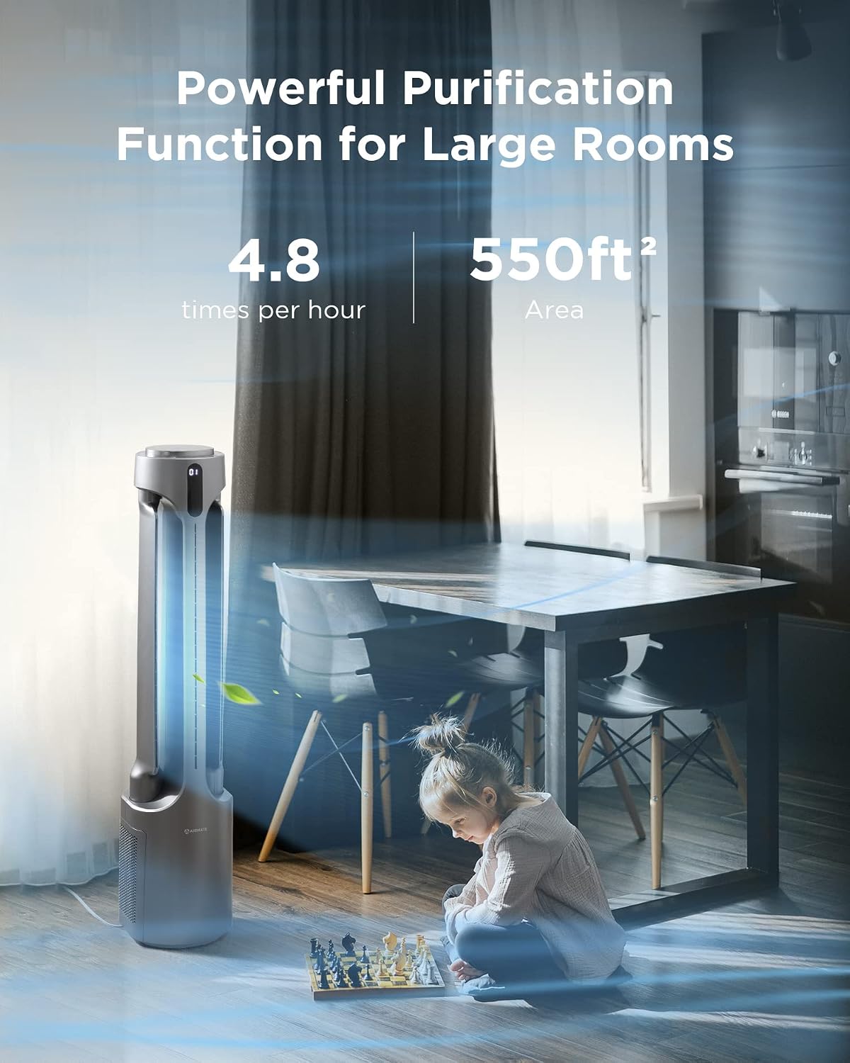 AIRMATE Air Purifier Bladeless Tower Fans, 1500CFM Large Air Volume, 45' 2-in-1 Standing Fan for Bedroom & Home, 28ft/s Velocity, 90° Oscillation, 15H Timer, Low Noise, Silver