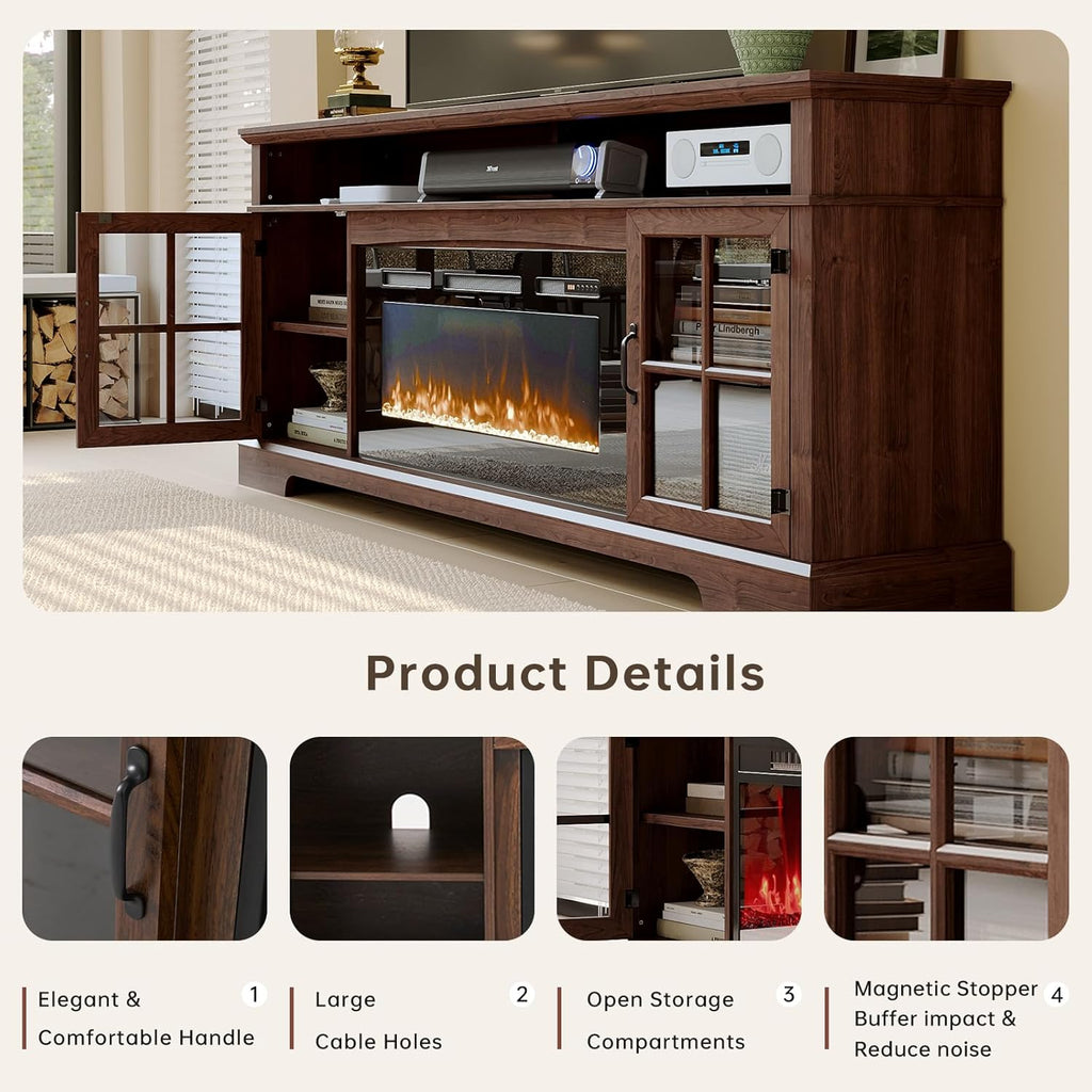 70' Farmhouse TV Stand with 36' Fireplace for TVs up to 80', Media Entertainment Center with Adjustable Shelves and Large Storage Cabinets, for Living Room, Brown & Black