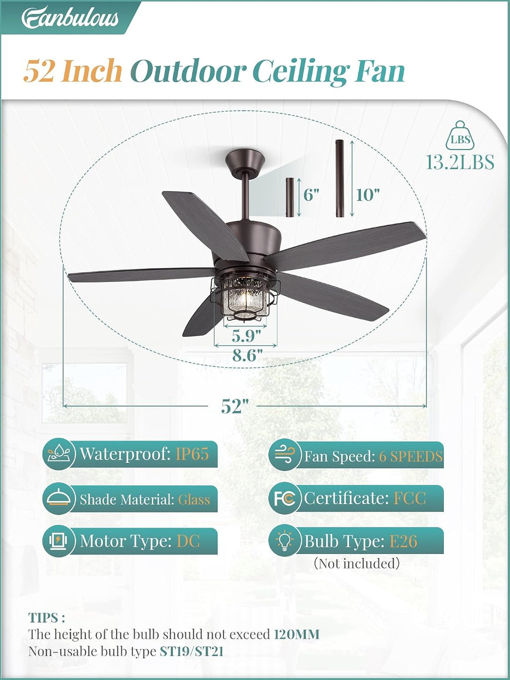 Fanbulous 52' Outdoor Ceiling Fans with Lights and Remote Control,IP65 Wet Rated Waterproof Ceiling Fan with 6-Speed DC Motor, Farmhouse Gazebo Fan for Porch Patios Pavilion（Oil-Bronze）