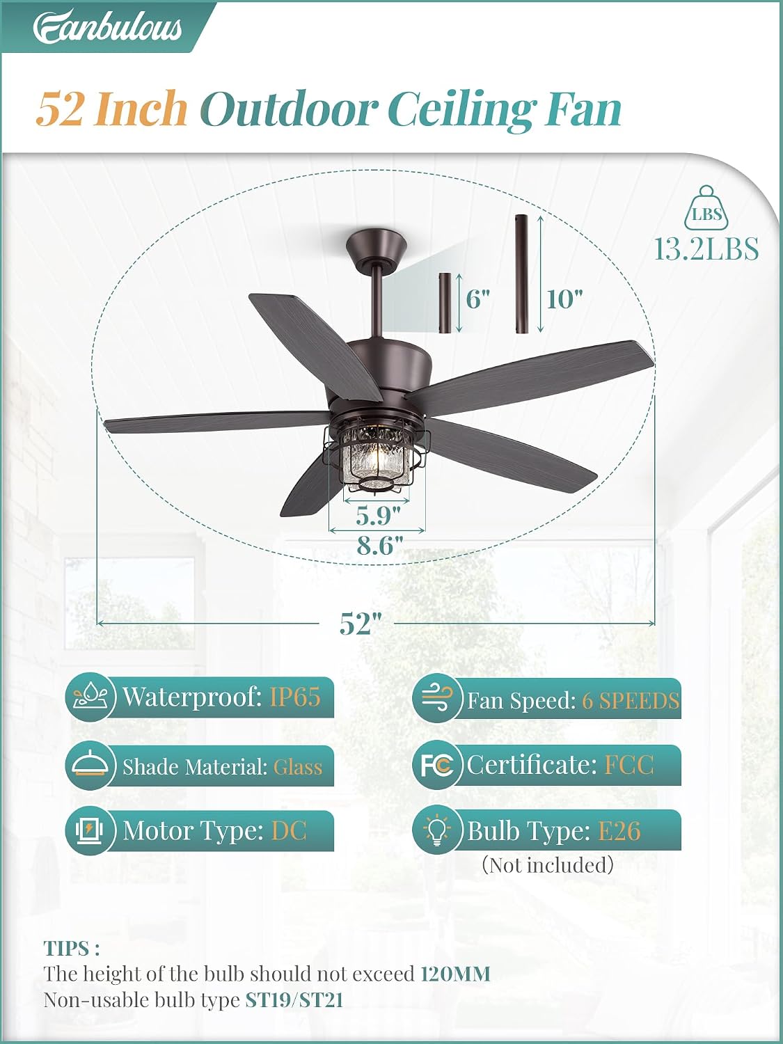 Fanbulous 52' Outdoor Ceiling Fans with Lights and Remote Control,IP65 Wet Rated Waterproof Ceiling Fan with 6-Speed DC Motor, Farmhouse Gazebo Fan for Porch Patios Pavilion（Oil-Bronze）