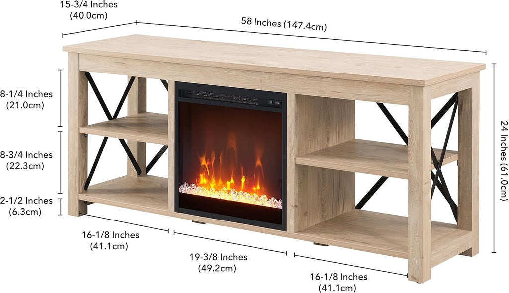 Henn&Hart Rectangular TV Stand with Crystal Fireplace for TV's up to 65' in White Oak, Electric Fireplace TV Stands for the Living Room