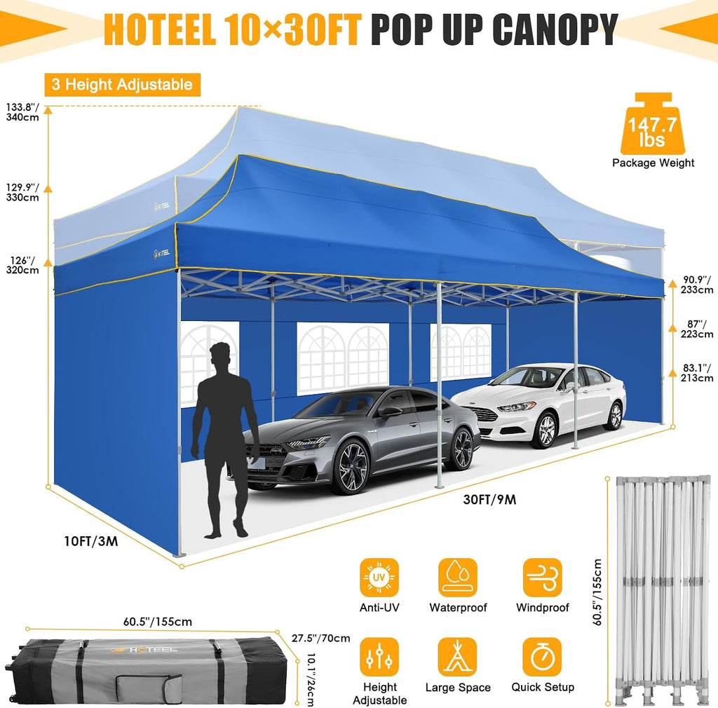 HOTEEL 10x30 Heavy Duty Pop Up Canopy Tent with 5 Sidewalls&Wheeled Bag, Commercial Event Party Tent Wedding Instant Canopy Waterproof, Upgraded Thicked Hexagonal Legs, UV 50+, Blue
