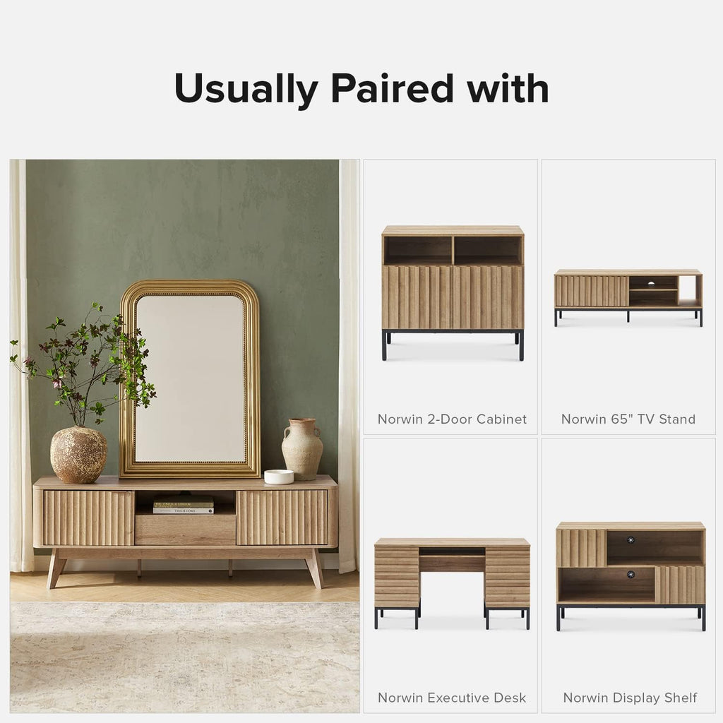 mopio Brooklyn Mid-Century Modern TV Stand, for TVs up to 50' / 59' Waveform Panel, Sleek Curved Profile with Adjustable Shelf and Sturdy Box Frame Leg (Golden Oak, 57')