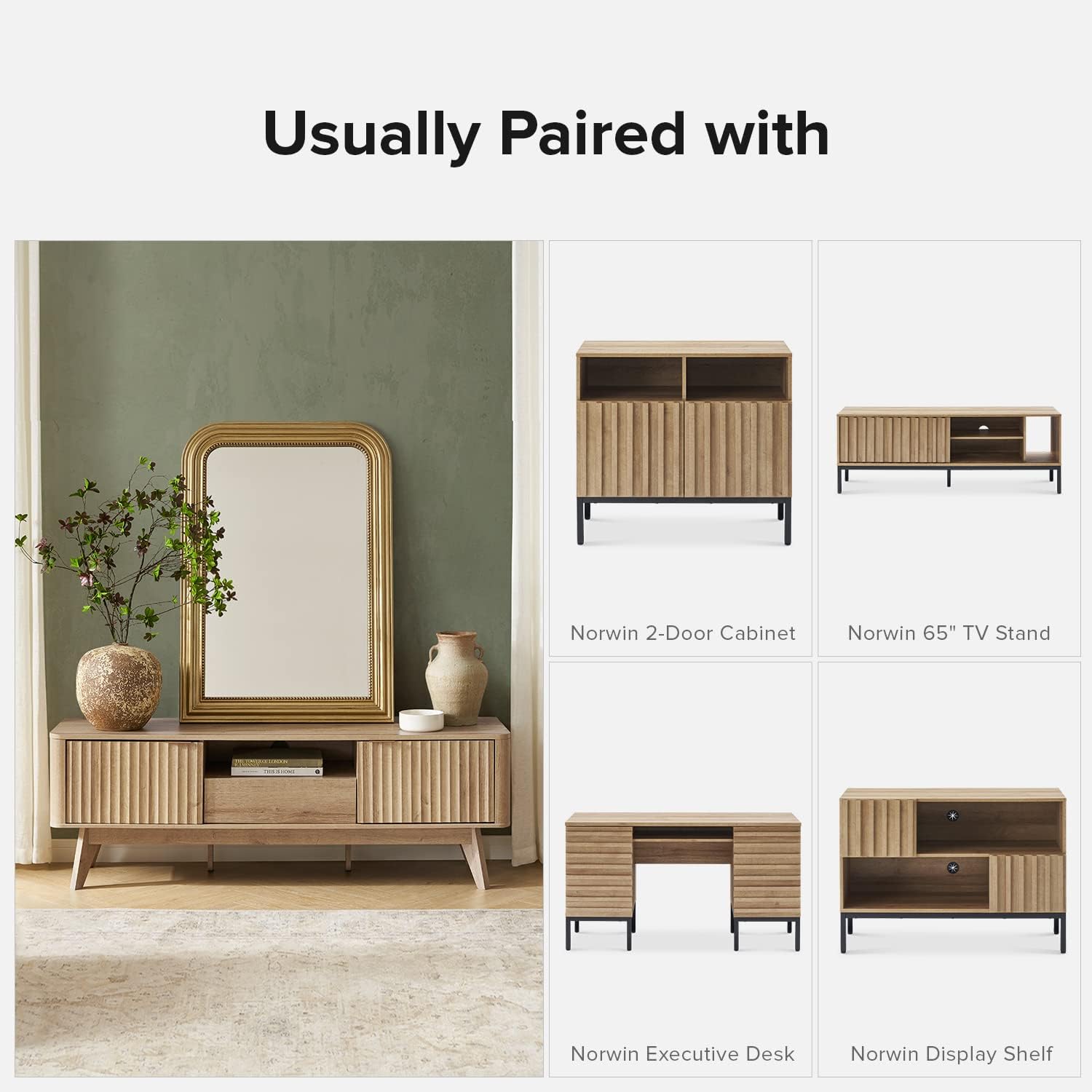 mopio Brooklyn Mid-Century Modern TV Stand, for TVs up to 50' / 59' Waveform Panel, Sleek Curved Profile with Adjustable Shelf and Sturdy Box Frame Leg (Golden Oak, 57')