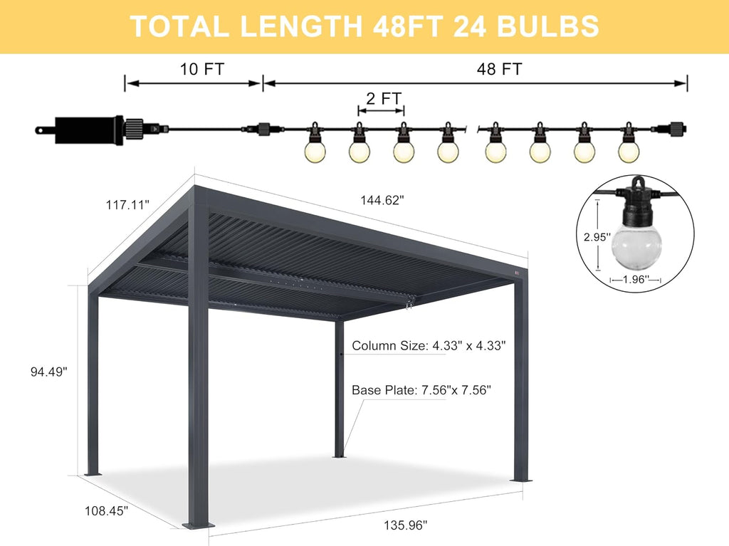 PURPLE LEAF Louvered Pergola 94AS 10' x 12' Outdoor Aluminum Pergola with Two Independently Adjustable Roof with 24 Light Bulbs for Backyard Garden