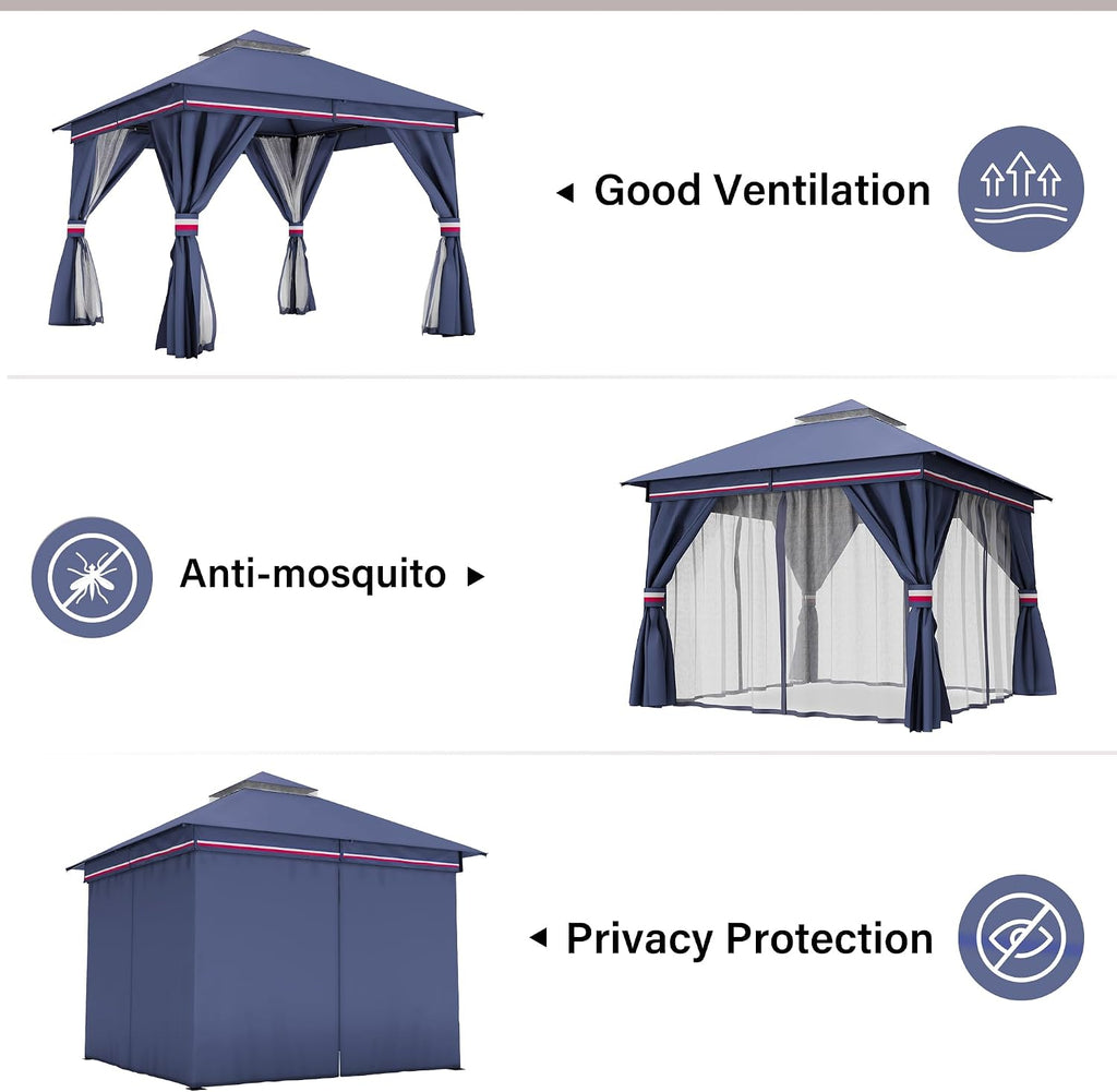 LAUSAINT HOME 10'x10' Outdoor Patio Gazebo, Heavy Duty Party Tent & Shelter with Double Roofs, Mosquito Nettings and Privacy Screens for Backyard, Garden, Deck (Klein Blue)