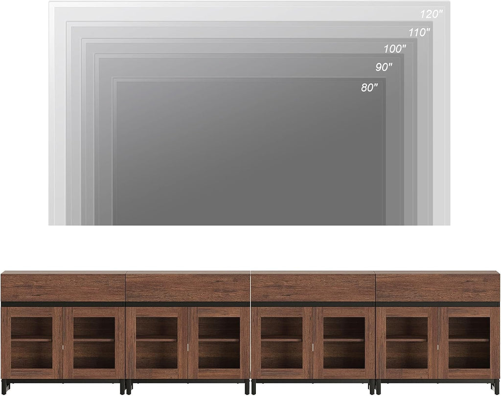 WAMPAT Modern TV Stand with Glass Doors for 80-120 inch TVs, 4 in 1 Entertainment Center Console with 4 Drawers and Metal Base for Living Room, Bedroom, Brown