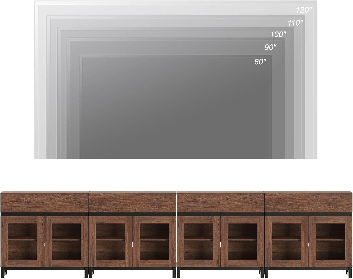 WAMPAT Modern TV Stand with Glass Doors for 80-120 inch TVs, 4 in 1 Entertainment Center Console with 4 Drawers and Metal Base for Living Room, Bedroom, Brown