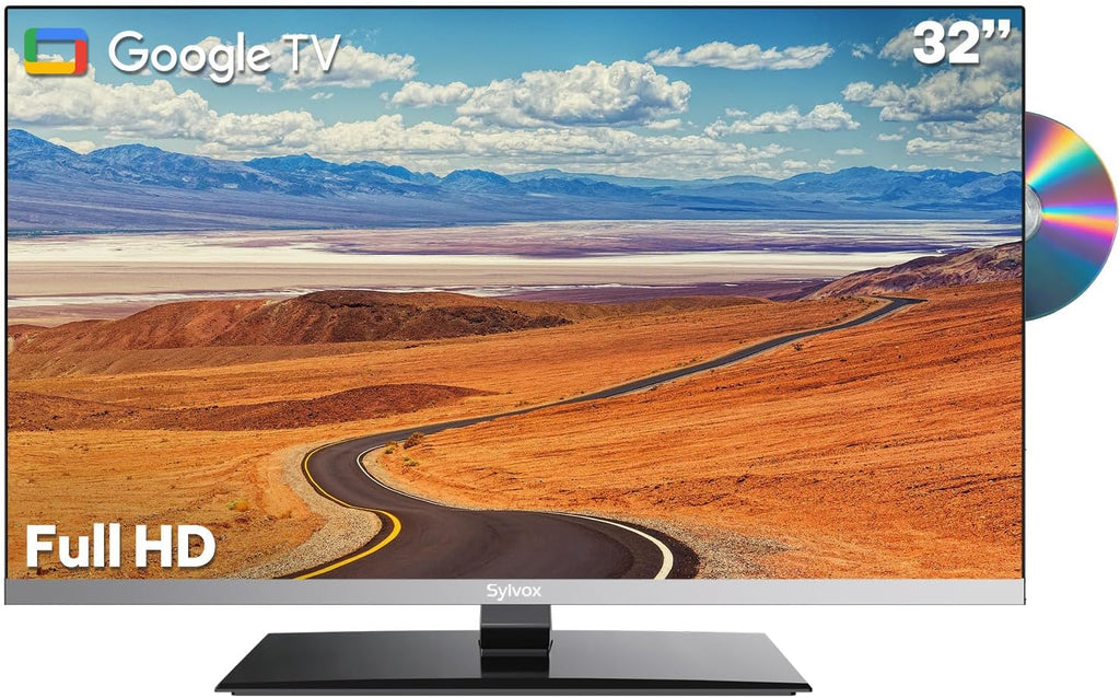 SYLVOX 32-inch 12V TV with Built-in DVD Player, Smart TVfor RVs & Campers, 1080P FHD, Google OS, WiFi & Bluetooth, 2 HDMI, 2 USB, AC/DC Powerd, Frameless Design