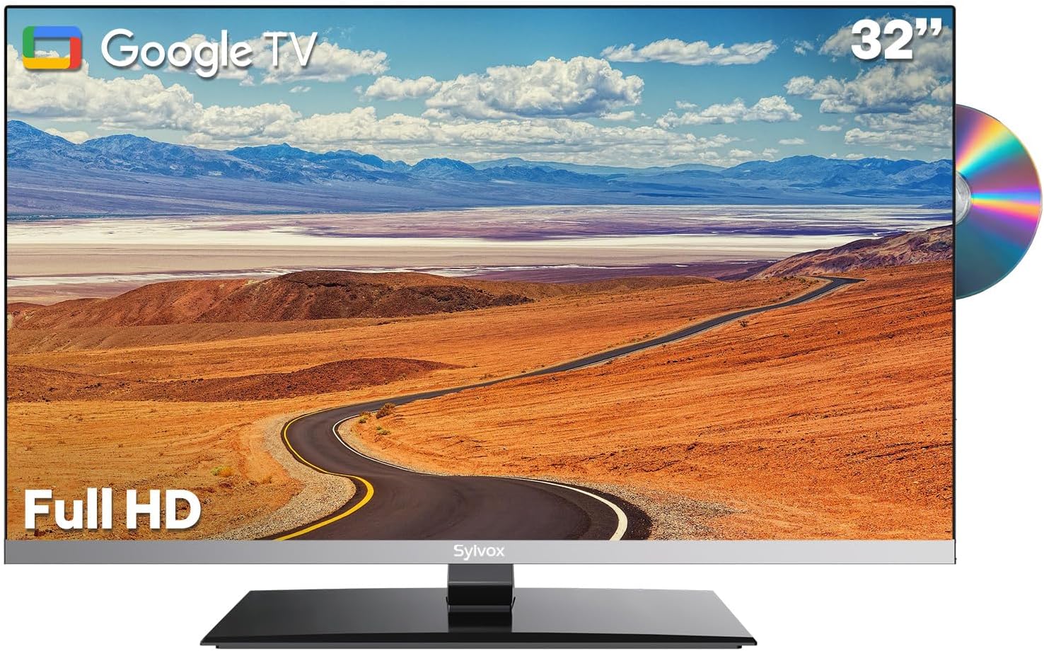 SYLVOX 32-inch 12V TV with Built-in DVD Player, Smart TVfor RVs & Campers, 1080P FHD, Google OS, WiFi & Bluetooth, 2 HDMI, 2 USB, AC/DC Powerd, Frameless Design