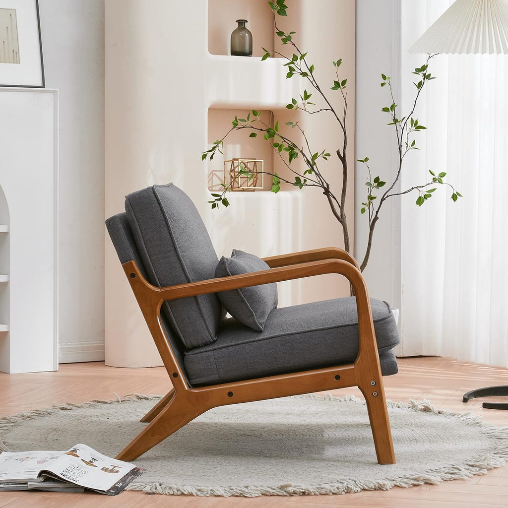 Karl home Accent Chair Mid-Century Modern Chair with Pillow Linen Fabric Upholstered Lounge Arm Chair with Solid Wood Frame & Soft Cushion for Living Room, Bedroom, Balcony, Gray