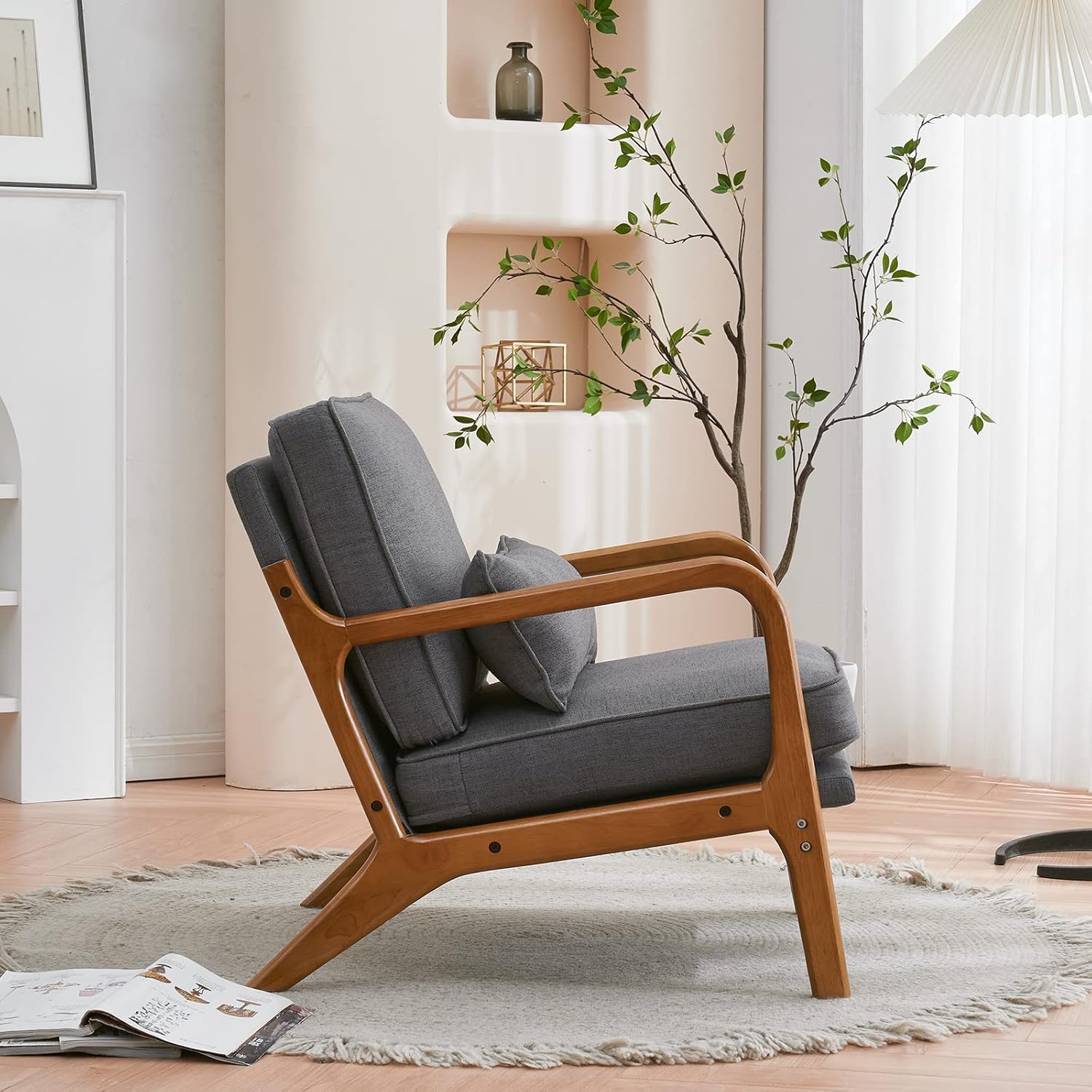 Karl home Accent Chair Mid-Century Modern Chair with Pillow Linen Fabric Upholstered Lounge Arm Chair with Solid Wood Frame & Soft Cushion for Living Room, Bedroom, Balcony, Gray