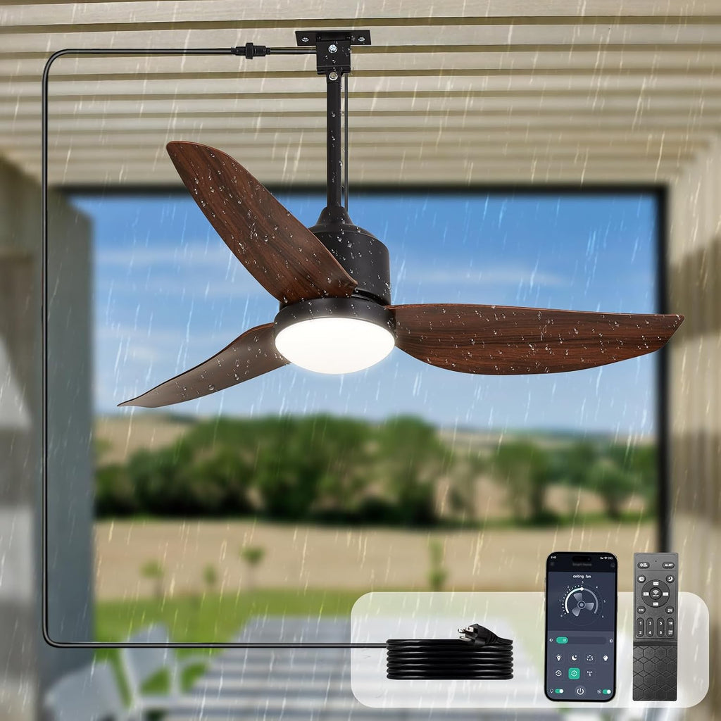 Outdoor Ceiling Fan with Light: 42' Walnut Hanging Fan for Gazebo Waterproof - Plug In Outdoor Fans for Patio Porch Pergola with APP Remote Control Reversible DC Motor