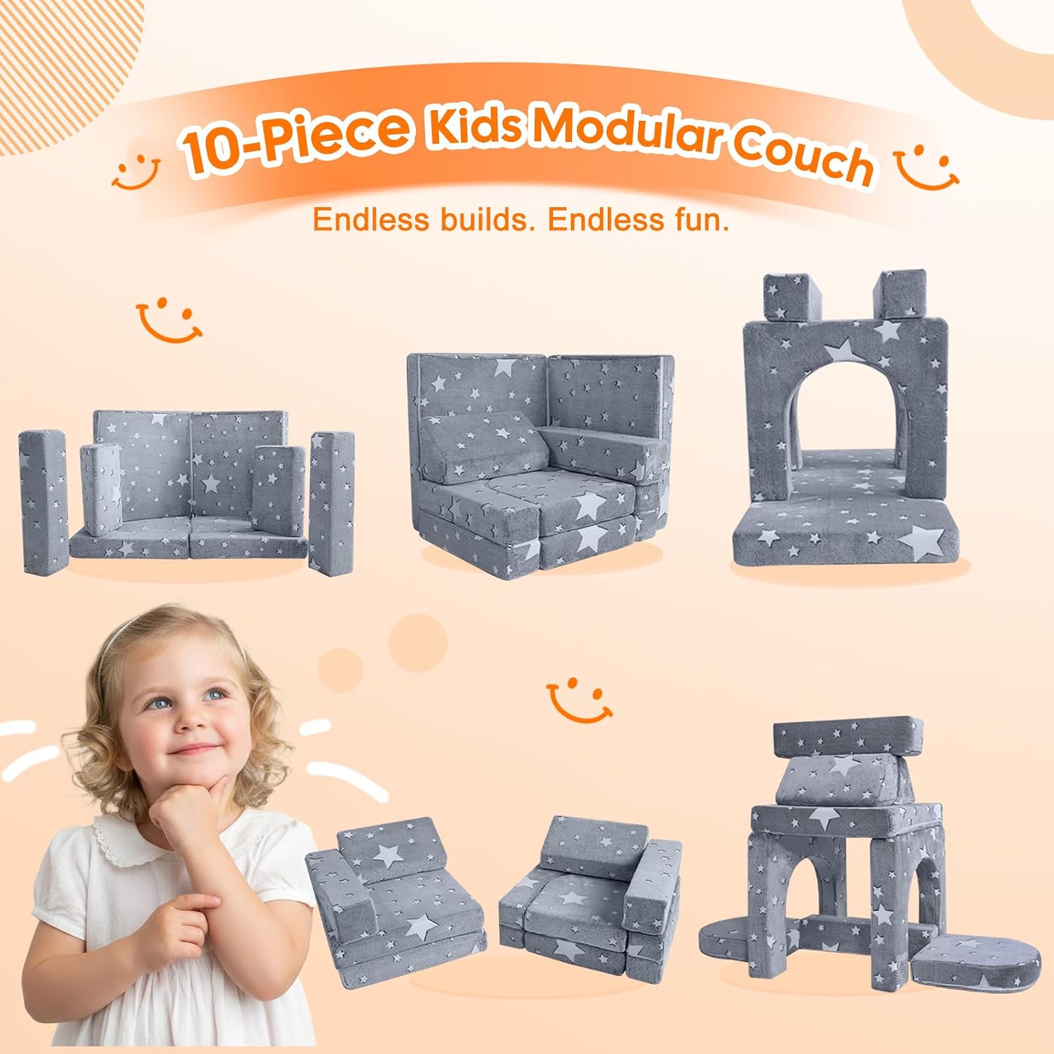 MeMoreCool Kids Modular Play Couch – 10-Piece Glow-in-the-Dark Foam Set Convertible Toddler Sofa | Fold-Out Bed for Boys & Girls | Sensory Fort Building Fun