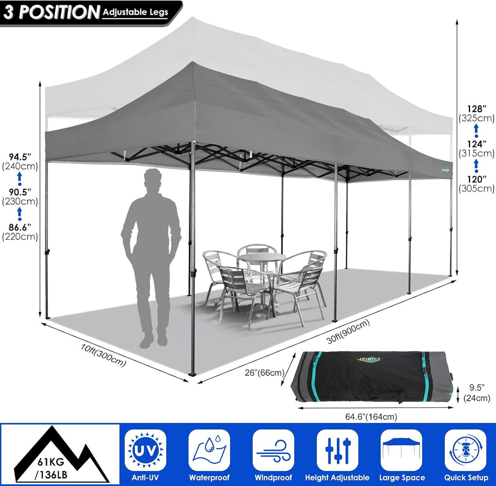 COBIZI 10x30 Heavy Duty Pop up Canopy Party Tent for Parties Weddings Events UPF 50+ Waterproof Commercial Gazebo with Roller Bag, Gray(Frame Thickened)