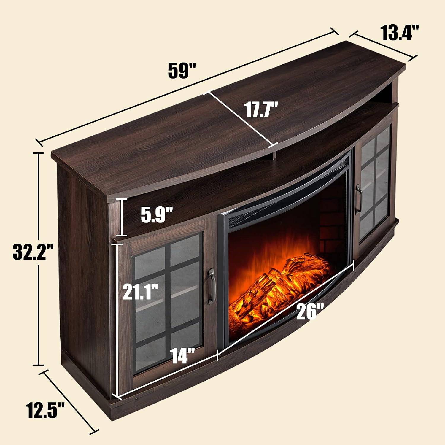 AMERLIFE Curved Fireplace TV Stand with 26'' Electric Fireplace, Media Entertainment Center Farmhouse Glass Door Storage Cabinet, Open Shelve Console Table for TVs up to 65'', Espresso