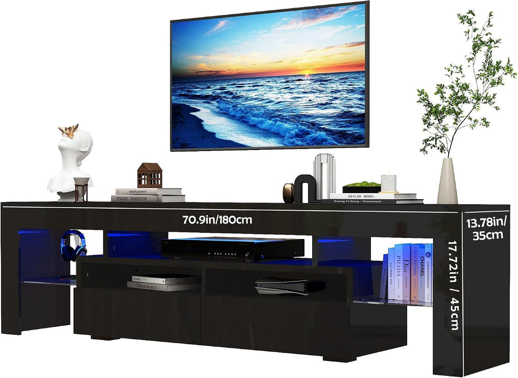 Uspeedy 70in TV Stand for 75/80 inch TV,Modern LED TV Stand for Living Room,Black TV Stands,High Gloss TV Entertainment Center with Storage Drawer,APP RGB Light,TV Console(71in Black)