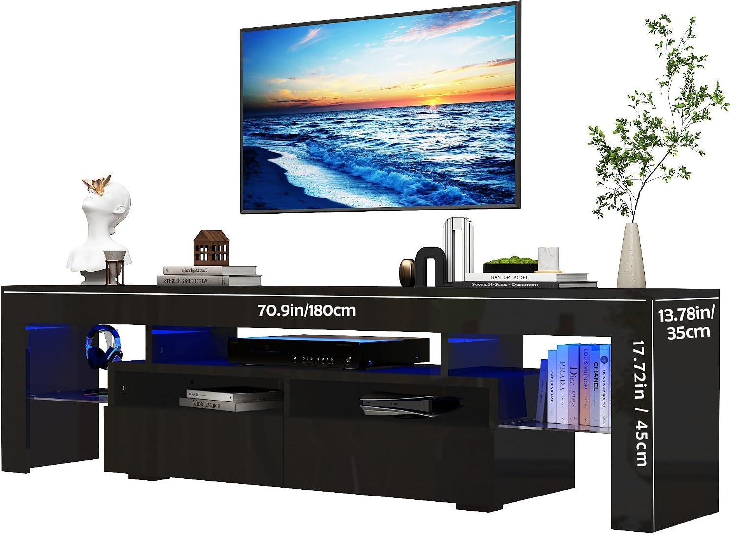 Uspeedy 70in TV Stand for 75/80 inch TV,Modern LED TV Stand for Living Room,Black TV Stands,High Gloss TV Entertainment Center with Storage Drawer,APP RGB Light,TV Console(71in Black)