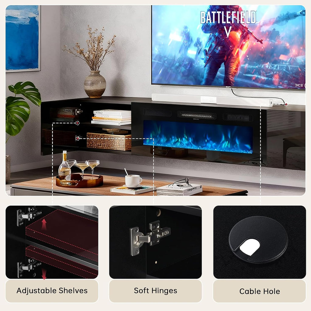 70'' Floating TV Stand with 36' Electric Fireplace, Wall Mounted Entertainment Center with Storage for TVs up to 80', Adjustable 12-Color LED Media TV Console for Living Room,All Black