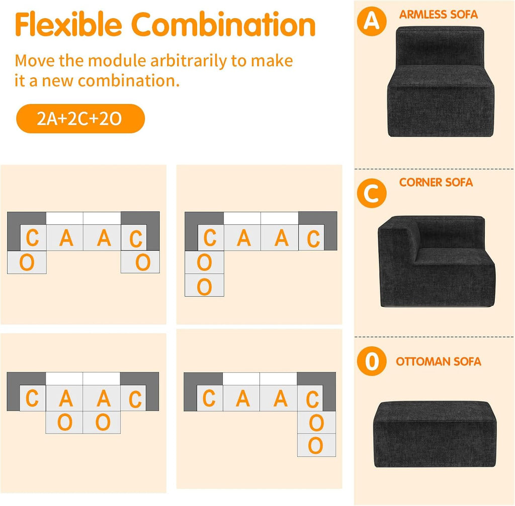136' 6-Piece Sectional Sofa Modular Couches,L-U-Shaped with Chaise,for Living Room,Compressed Foam No Assembly,for Living Room (2xArmless Corner Ottoman) Fabric Chenille Dark Grey